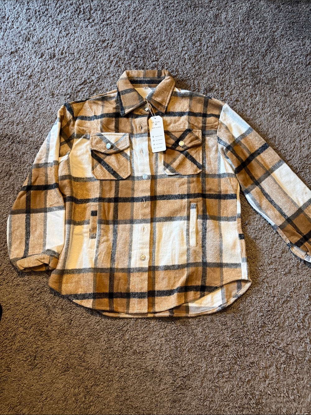 Woman’s Plaid Button-Down Shirt Jacket in Tan and Black
